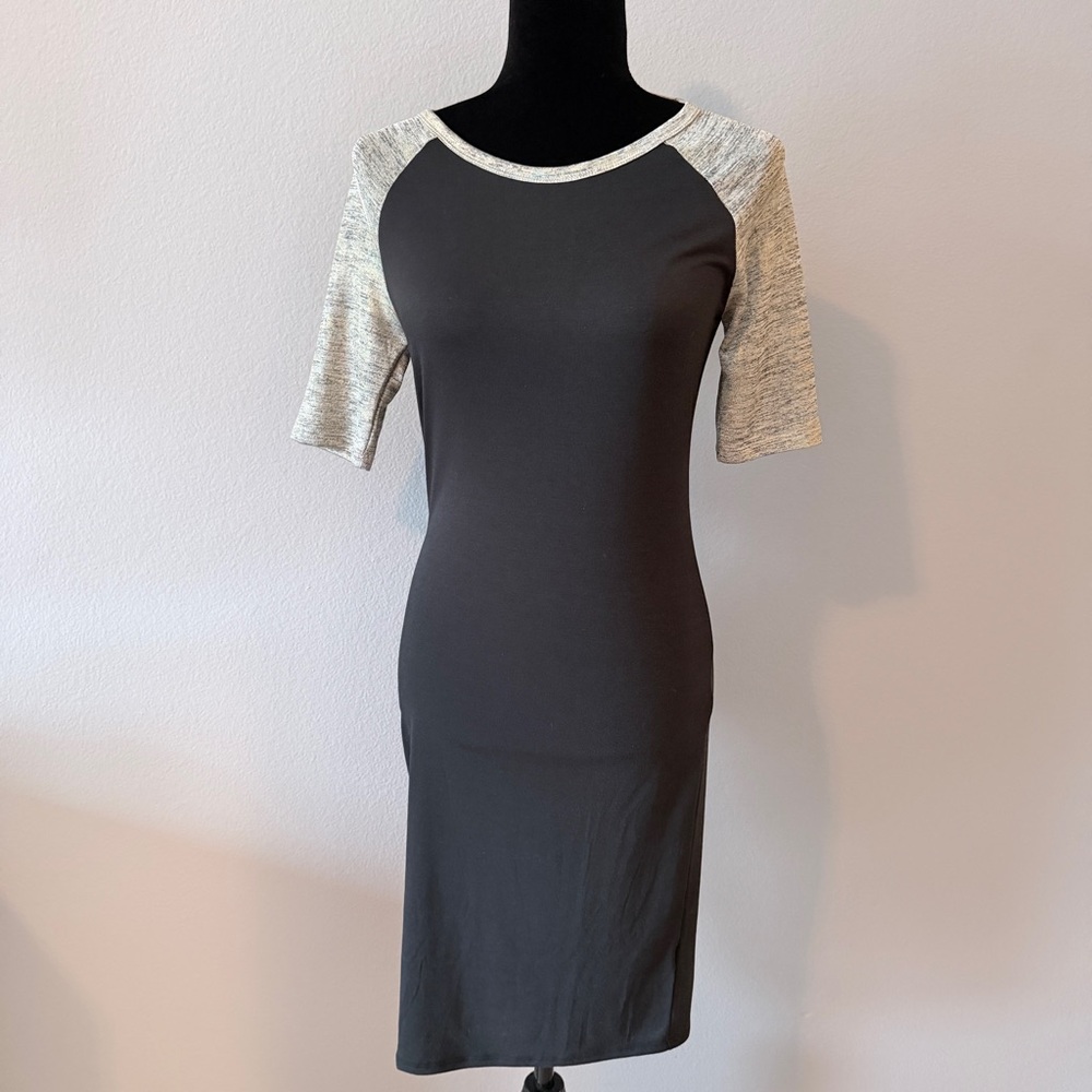 LuLaRoe Black Midi Dress with Shimmer Gold Raglan Sleeves